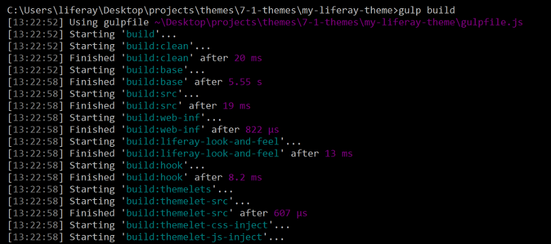 図1： gulp build タスクを実行して、テーマのファイルをビルドします。
