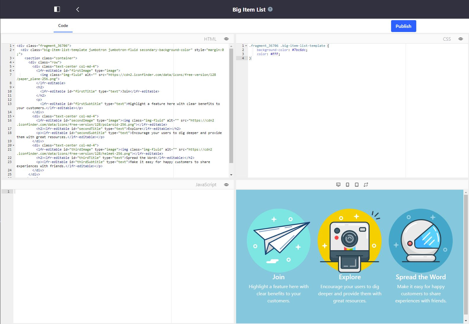 Figure 2: Fragments comprise HTML, CSS, and JavaScript, and can be used as building blocks for pages.