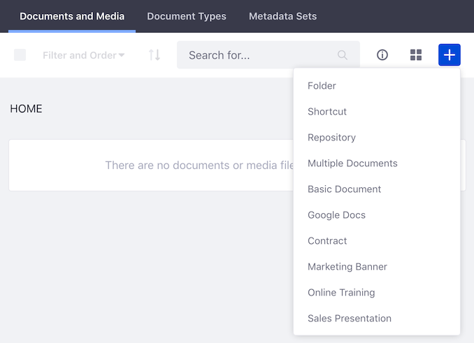 図2：Documents and Mediaの* Home *フォルダは空から始まります。 ただし、追加メニューでは、あらゆる種類のドキュメントをライブラリにアップロードして追加できます。