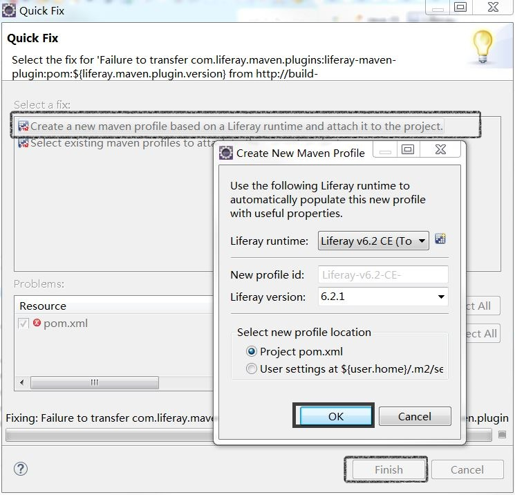 Figure 3: Liferay IDEs Quick Fix feature lets you create a new Maven profile based on a Liferay runtime environment.