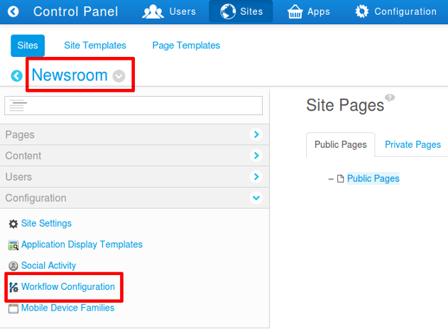 Figure 12.7: You can select which site to work on by using the drop-down menu in the Site Administration section of the portal.