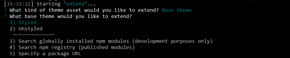 Figure 2: You can extend the styled or unstyled base theme, a globally installed theme, or a theme published to the npm registry.