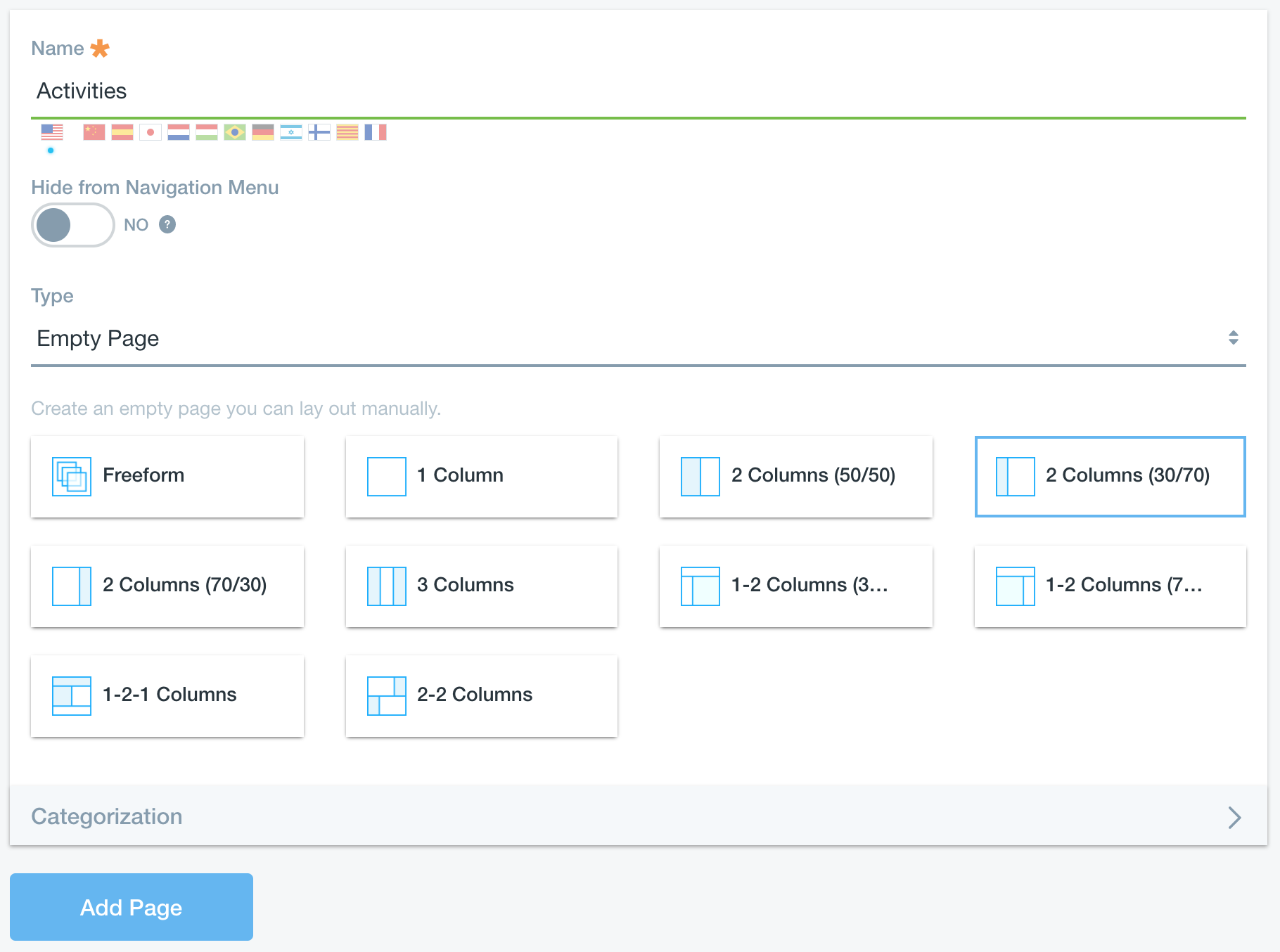 Figure 3: Activities page creation.