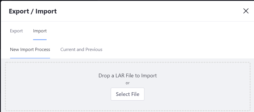 Figure 3: When importing widget data, you can choose a LAR file using the file explorer or drag and drop the file between the dotted lines.