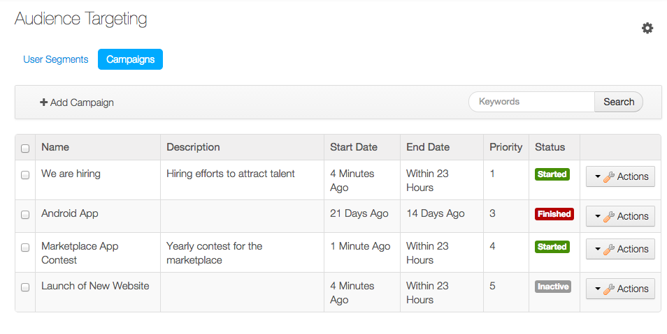 Figure 7.5: Click on Site Administration → Configuration → Audience Targeting → Campaigns to manage campaigns for a site.