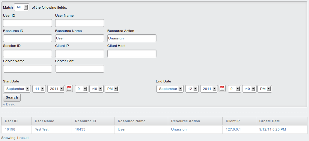 Figure 16.17: Searching for audit events is easy with the advanced search form provided by the audit portlet. You can specify various search criteria to find the types of events youre looking for.