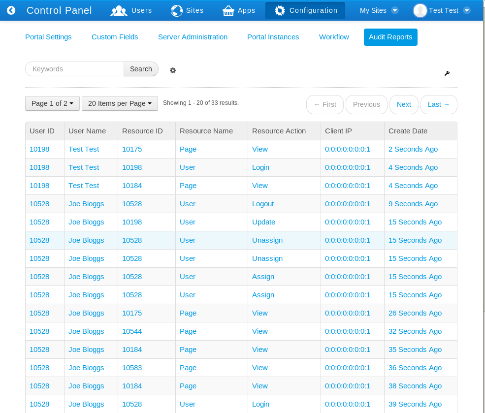 Figure 16.15: Liferay captures and stores events as soon as the Audit EE app has been installed.