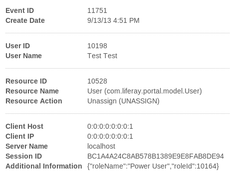 Figure 16.18: If youve delegated portal administration to multiple users, you can use the audit plugins to determine who made what change. And, of course, youll never leave the default administrative user enabled on a production system, right?