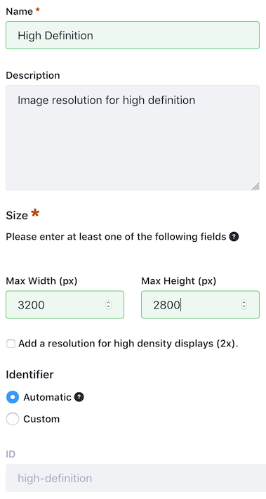 Figure 1: The form for adding a new Adaptive Media resolution.