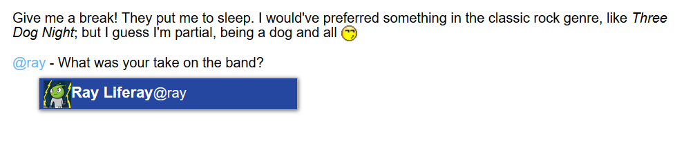 Figure 1: As you enter a user name after the @ character, links to users that match the text you enter are displayed. Select the user you want to mention and publish your content.