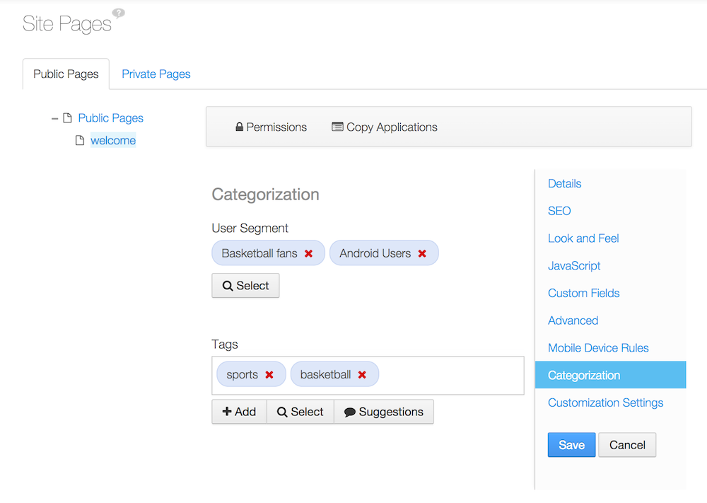 Figure 7.3: Pages and content can be categorized for user segments.