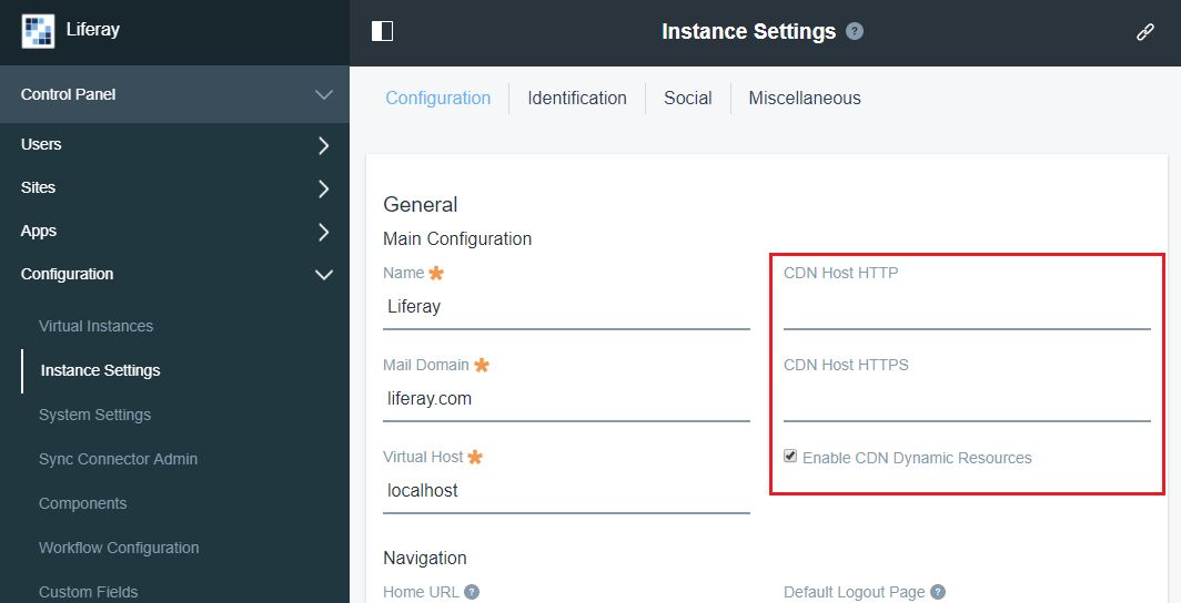 Figure 2: The Control Panel lets you configure your portals CDN.