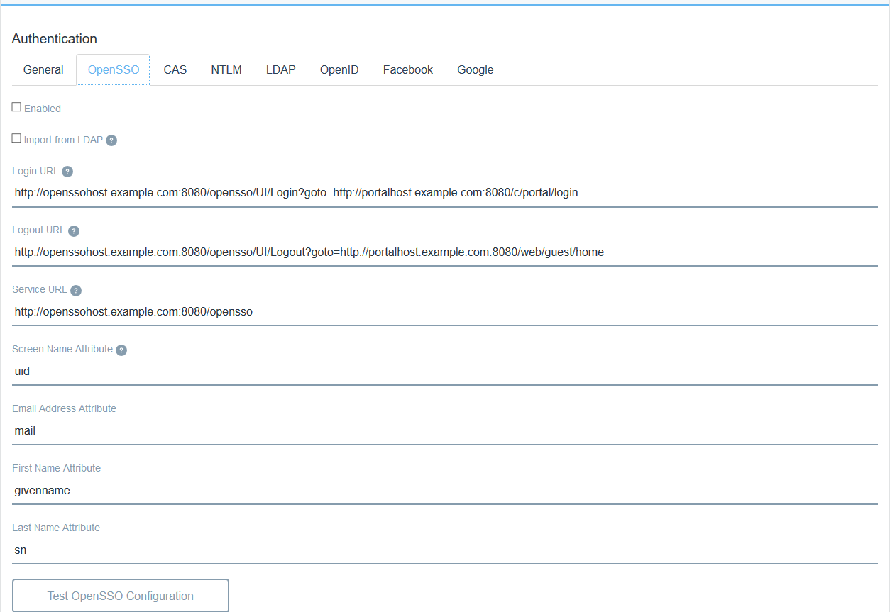 Figure 1: Liferay DXPs OpenSSO tab lets you configure OpanAM.