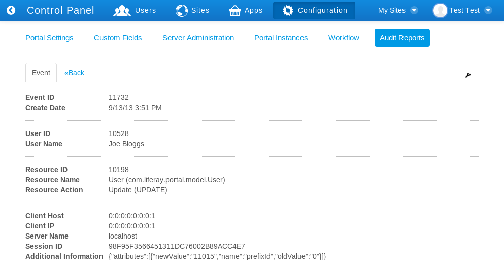 Figure 16.16: Clicking an event in the list shows the details of that event. This event shows that Joe Bloggs updated his user account. Specifically, it shows that he updated his prefixId from 0 to 11015. The prefixId value represents a prefix for a real name like Dr., Mr., Mrs., or Ms.