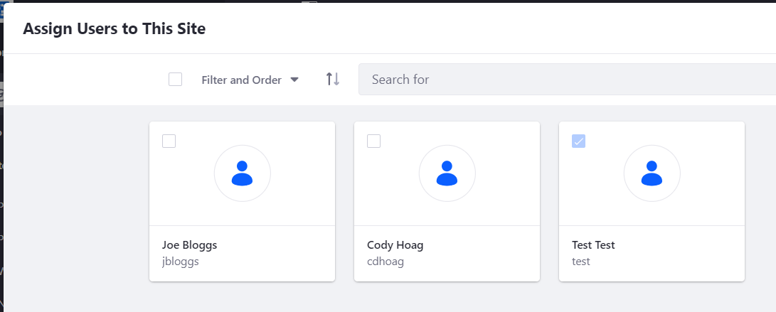 Figure 2: The list of users available to add to the current Site. Note that the current members are visible but cannot be added or removed here. 