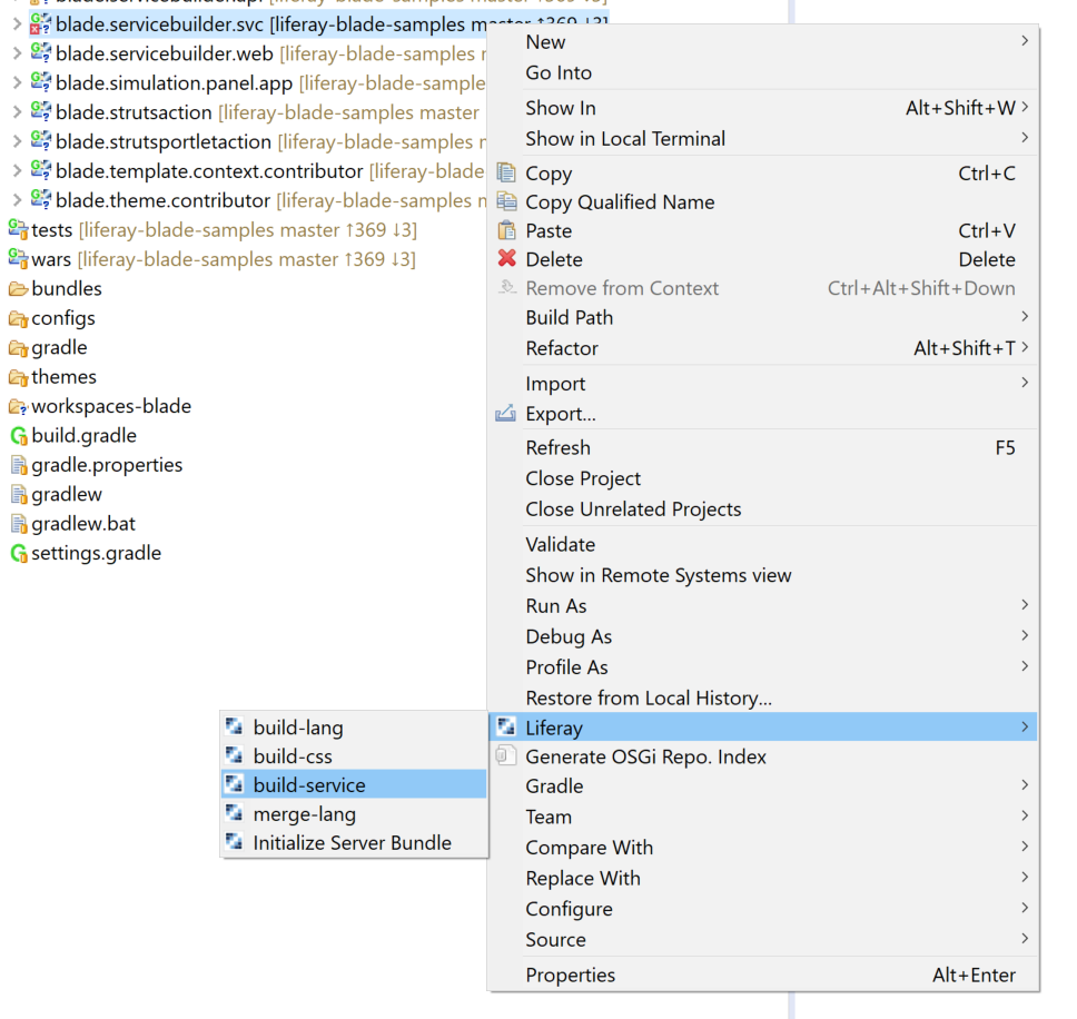 図1：Liferay Dev Studio DXPは、サービスモジュールの* Liferay サブメニューの build-service *オプションを介してService Builderサービスの構築を容易にします。
