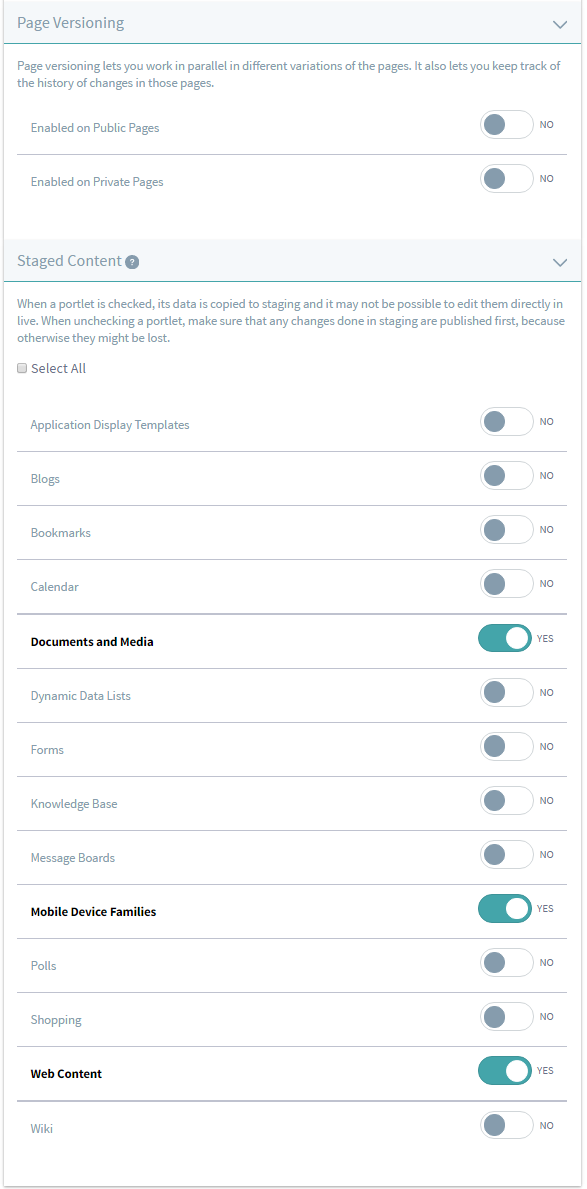 Figure 1: You can decide to use versioning and choose what content should be staged.