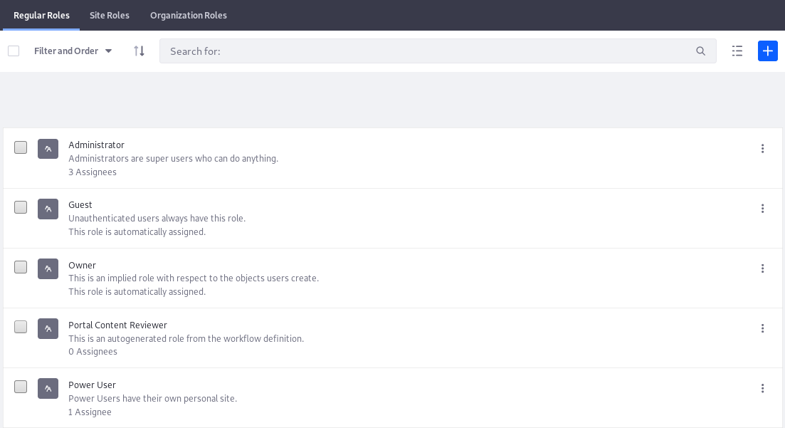 Figure 1: The Roles application lets you add and manage roles for the global (Regular), Site, or Organization scope.