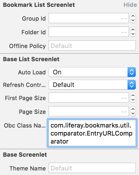 Figure 1: To use a comparator, set the Obc Class Name property in Interface Builder to the comparators fully qualified class name.