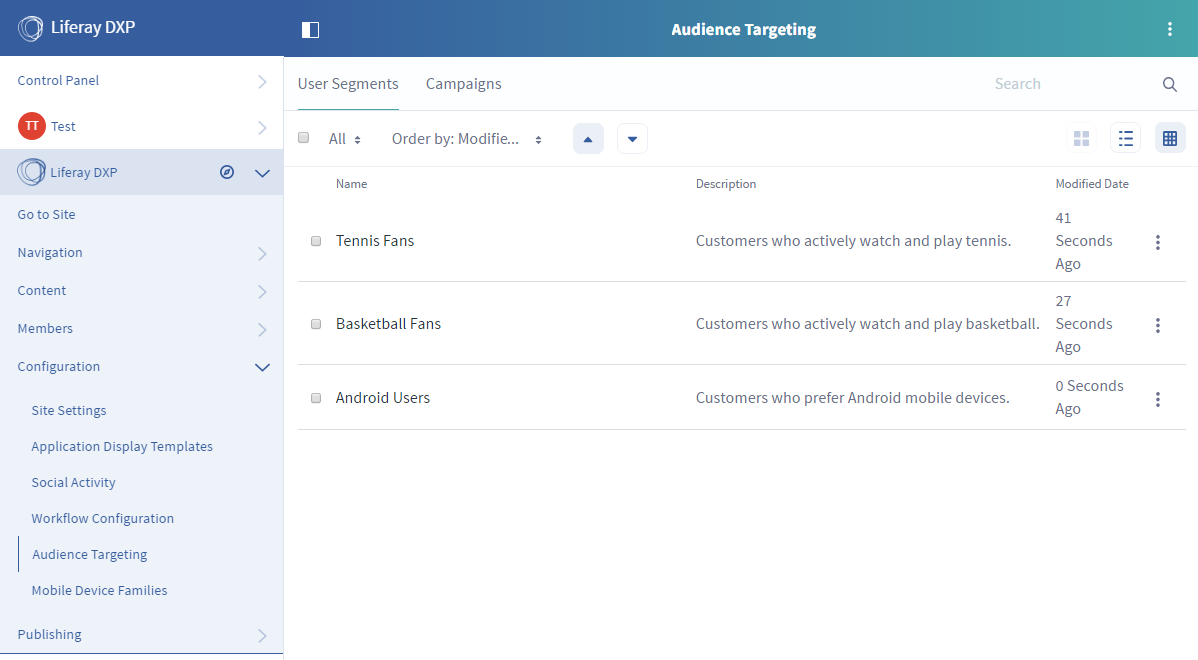 Figure 1: Click on Configuration → Audience Targeting in Site Administration to manage user segments and campaigns for a site.