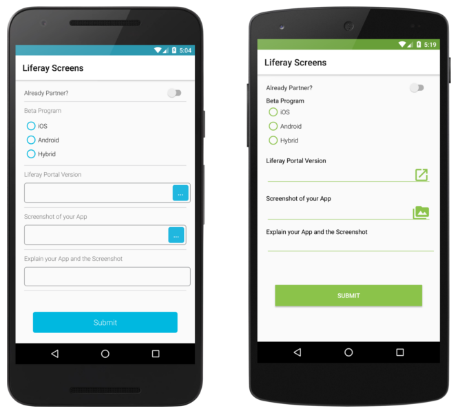 Figure 1: DDL Form Screenlets Default (left) and Material (right) Views.