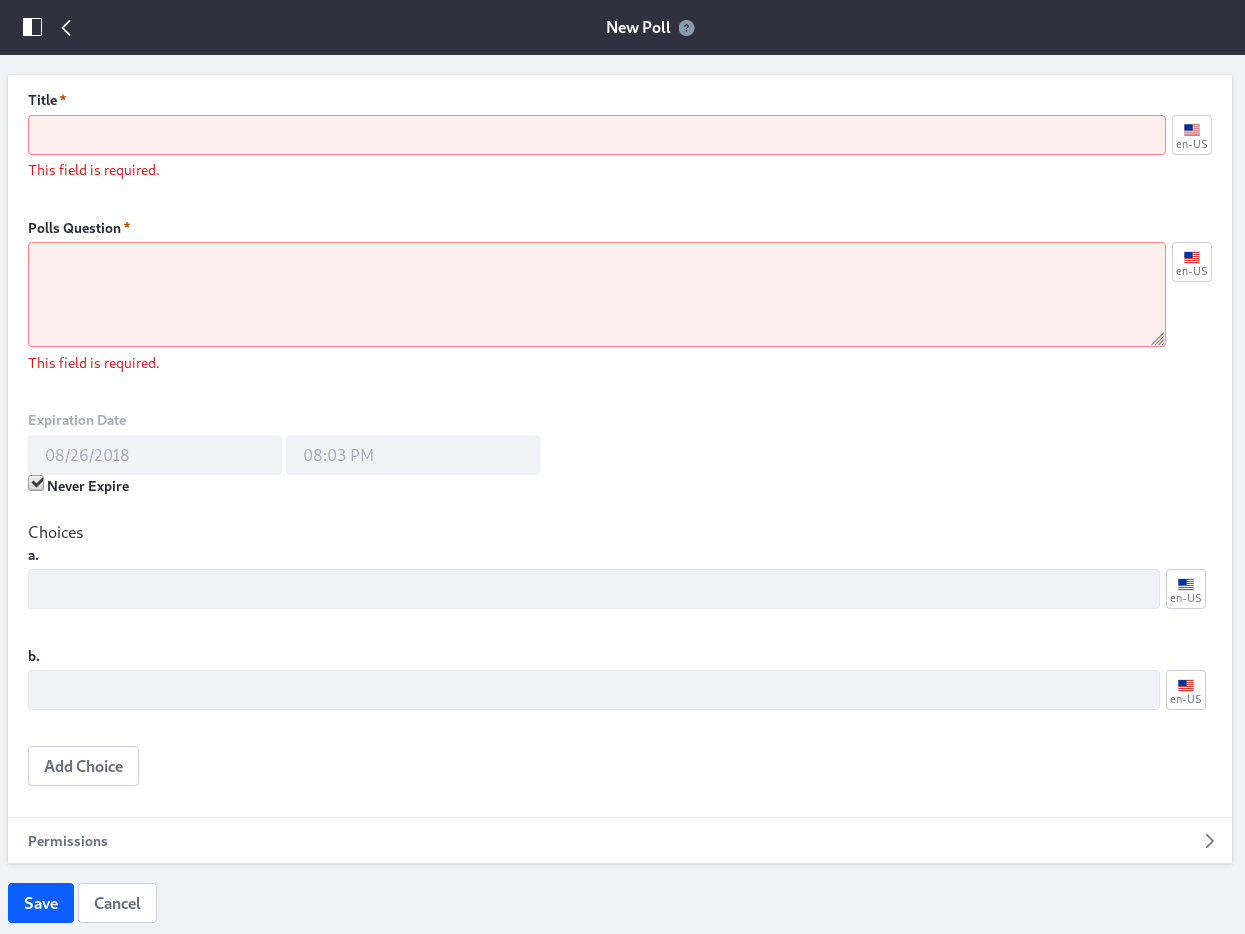Figure 1: Besides the Title and the Polls Question, you must enter data for each of the Choices fields when creating a new poll.