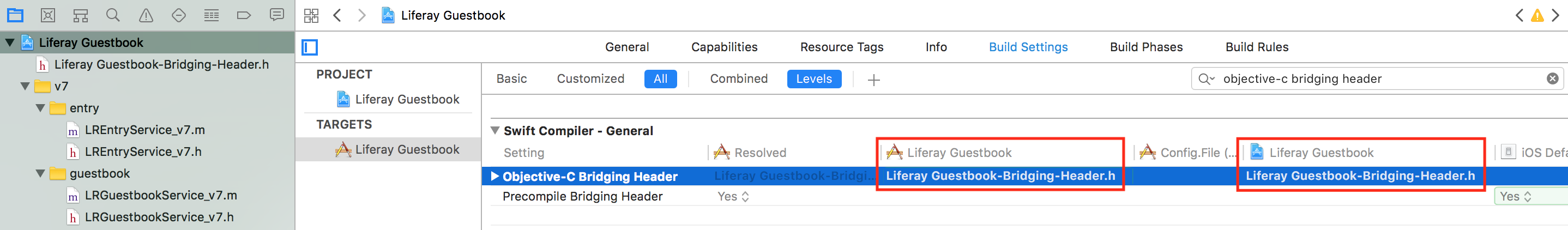 Figure 9: The red boxes highlight the two Liferay Guestbook fields configured to use the bridging header file.