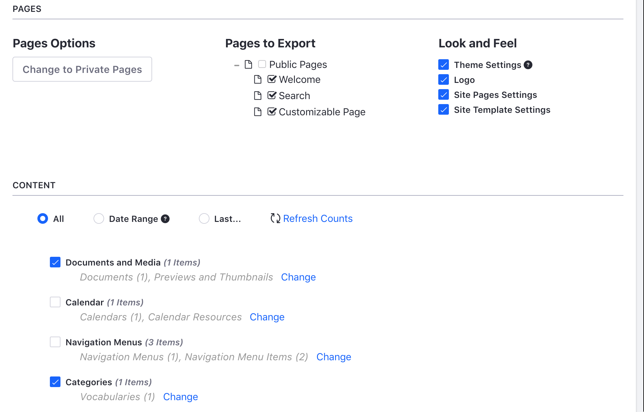 Figure 1: You can configure your export options manually by selecting pages, content, and permissions.