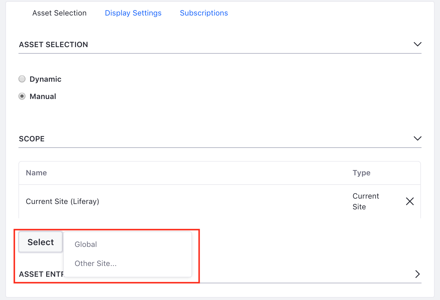 図1：Asset Publisherでのアセットの手動選択は、Webコンテンツだけでなく、あらゆるタイプのアセットを選択できることを除いて、Webコンテンツ表示アプリケーションでのアセットの選択と似ています。 スコープを追加して、Asset Publisherに表示できるアセットのリストを展開することもできます。