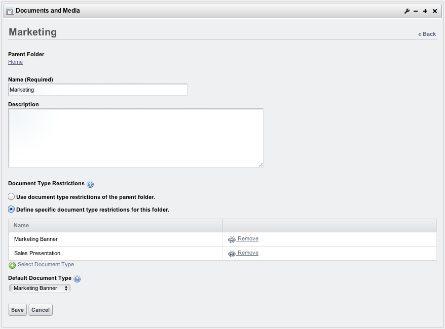 Figure 4.16: Restrict Marketing folder to use specific document types