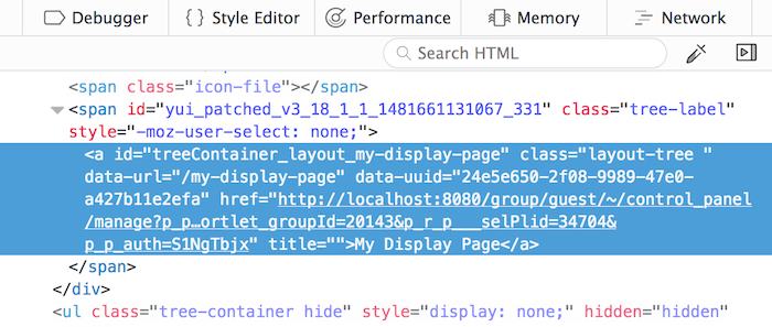 Figure 4: The URL and UUID can be seen in the data-url and data-uuid attributes of the Layout Item Selectors HTML markup.