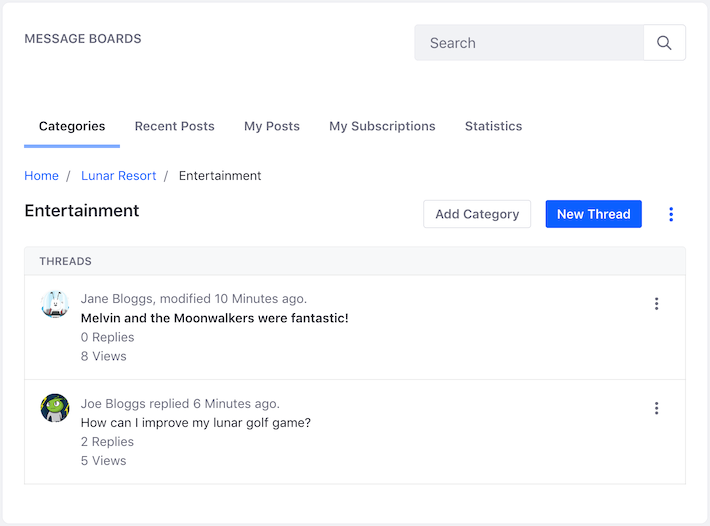 Figure 1: The Message Boards widget lets you explore its categories, interact with message threads, and post new messages.