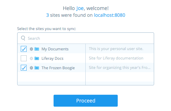 Figure 5.18: Select the sites you want to sync with. Clicking a sites gear icon opens another window where you can choose to sync with only specific subfolders in that site.