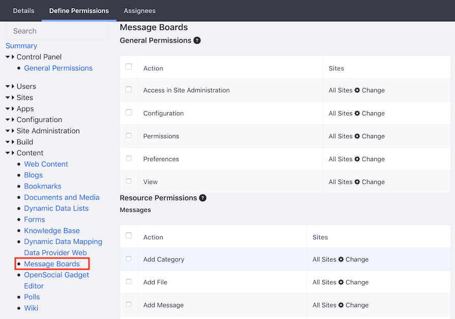 Figure 1: Define the permissions you want to use for the message boards administrators.