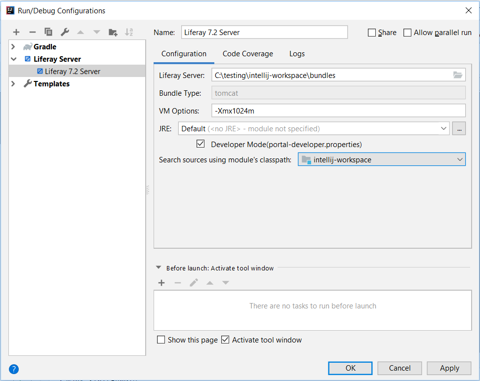 Figure 2: Set your Liferay servers configurations in the Run/Debug Configurations menu.
