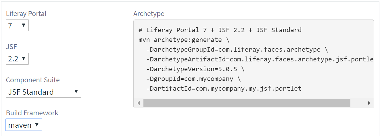 図1：アーキタイプ生成コマンドにLiferay Portalバージョン、JSFバージョン、およびコンポーネントスイートを選択できます。