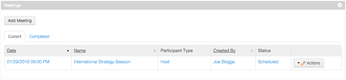 Figure 9.37: The Meetings portlet lists any currently scheduled meetings in its Current tab.