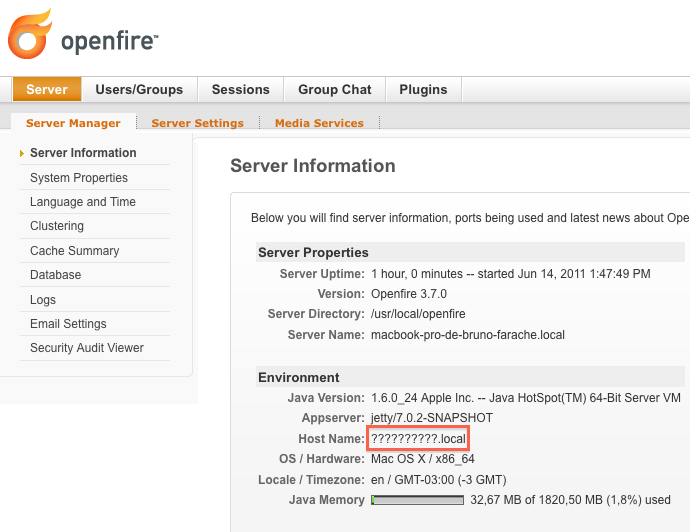 Figure 9.34: View your server information using the Openfire Administration Web Tool.
