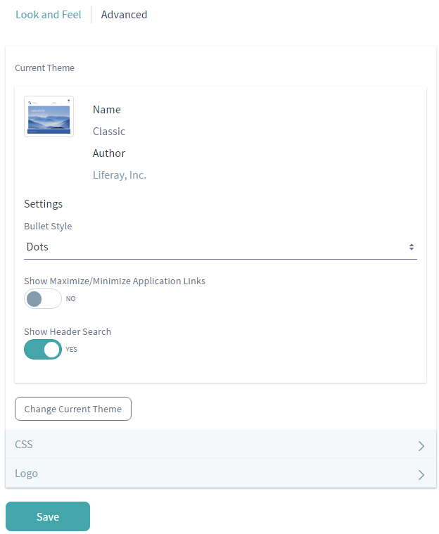 Figure 5: The Look and Feel interface allows you to choose a theme for the current site.