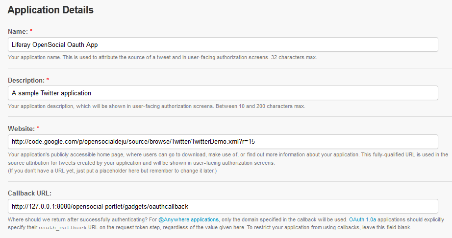 Figure 8.24: Fill in Application Details to setup connectivity between
your Twitter gadget and your portal.