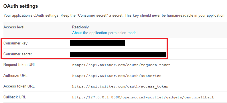 Figure 8.25: Here are the Consumer Key and Consumer Secret (values are
blacked out for security).