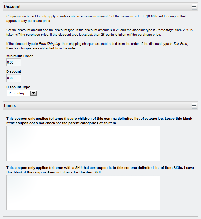 Figure 12.29: Customize your coupon parameters under Discounts and Limits.