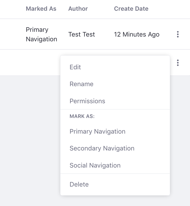 Figure 2: Menus with a standard page, a submenu, and a URL link in the submenu are created for different reasons.