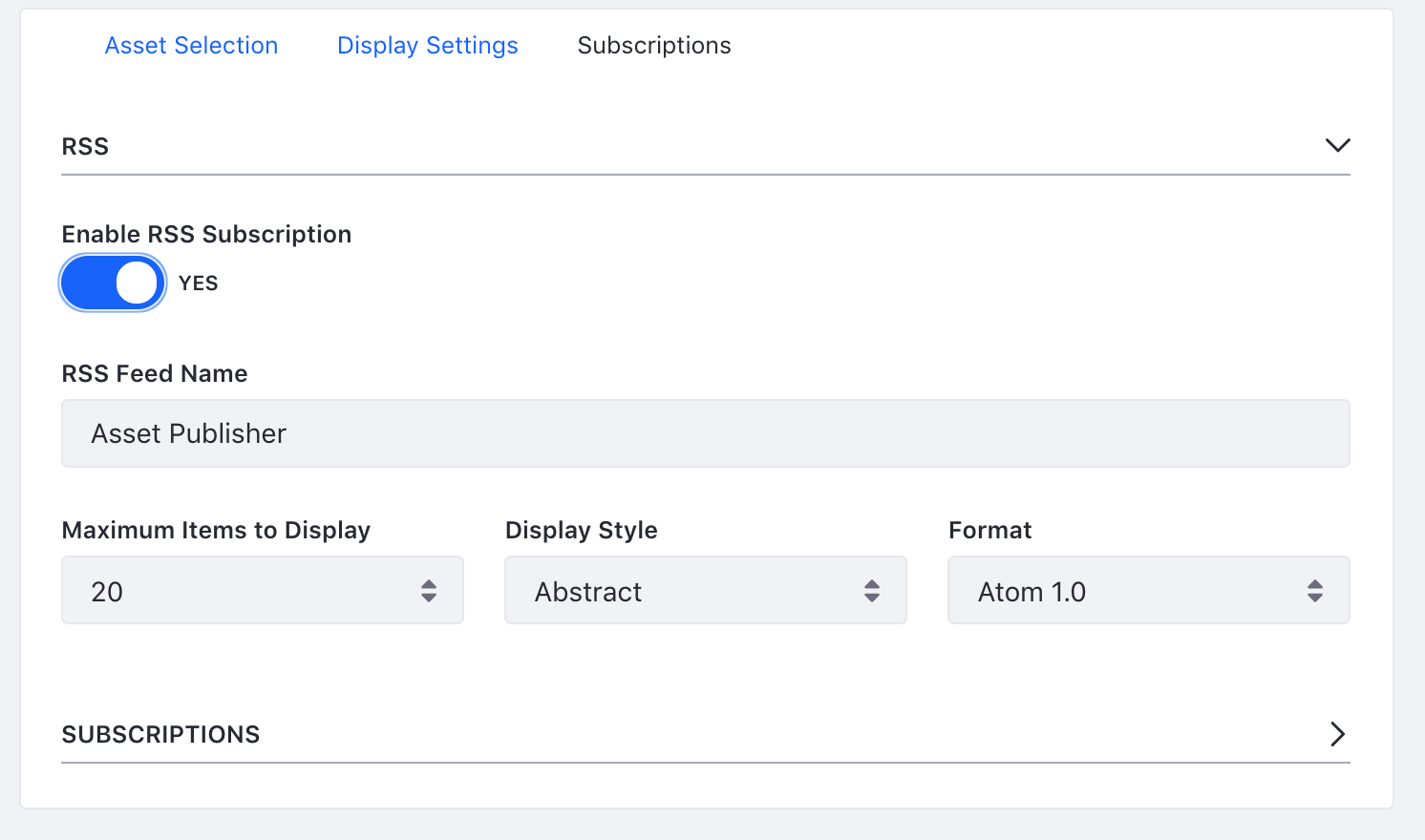 Figure 1: When RSS subscriptions have been enabled for an Asset Publisher application, a link to the Asset Publishers RSS feed appears. Users can subscribe to the Asset Publishers RSS feed using their preferred RSS reader.