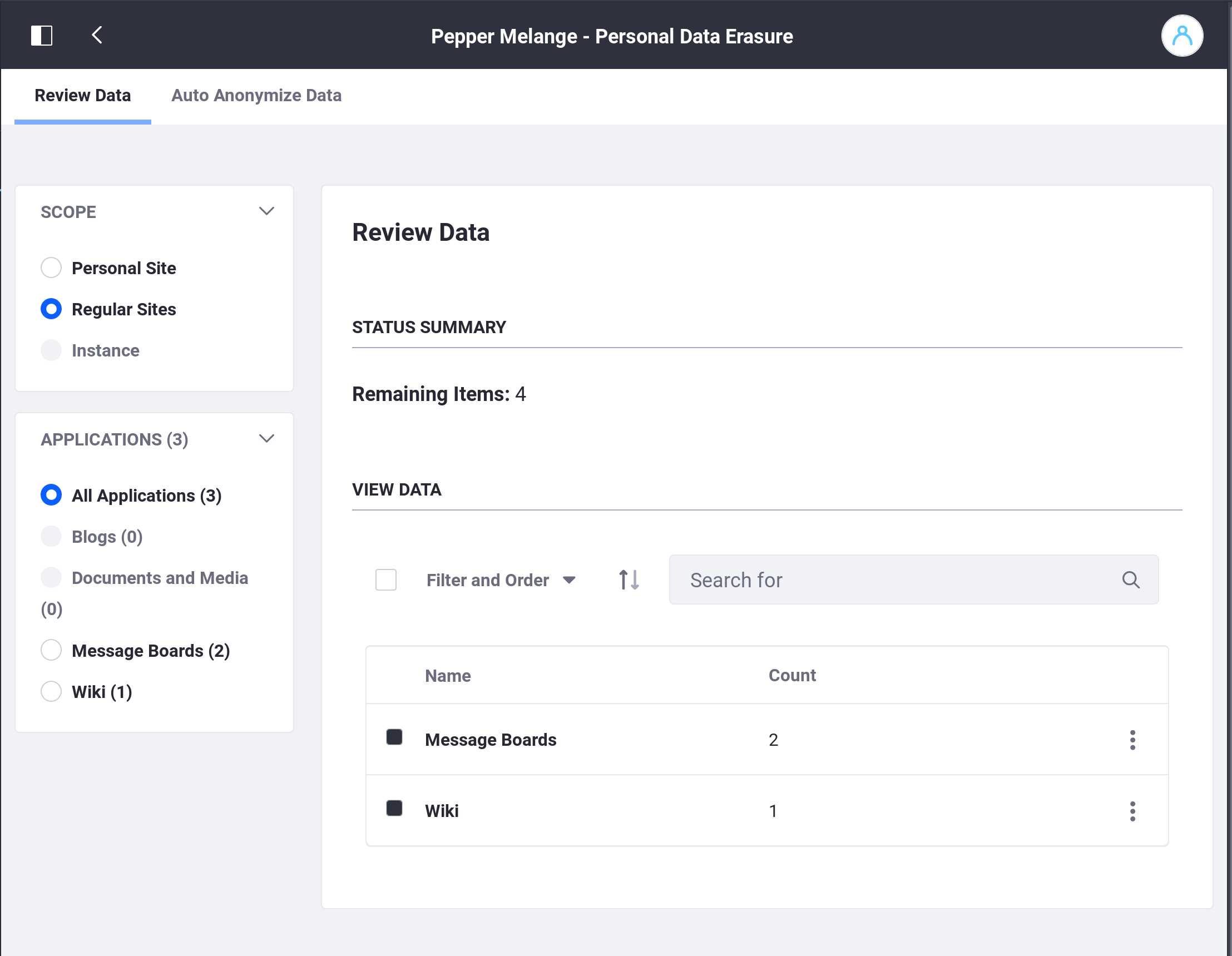 Figure 2: Choose Regular Sites to browse all data posted by the user on administratively-created Sites.