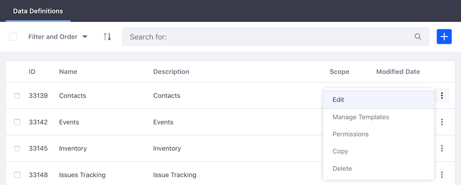 Figure 1: You can copy an existing data definition, manage its templates, and more.