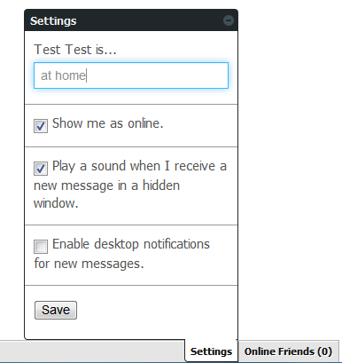 Figure 9.33: Liferays Chat Portlet offers ways to update your status and notifications through the Settings menu.