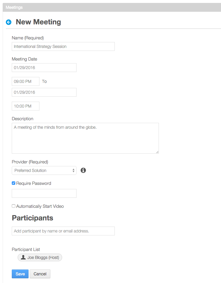Figure 9.36: Create a new meeting by filling out the New Meeting form.