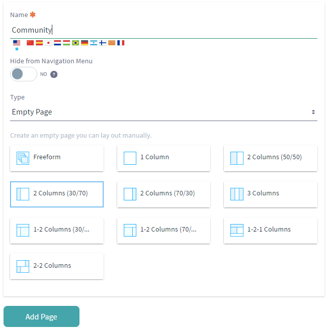 Figure 3: You can add a page to your site by giving it a name, page template, and page type.