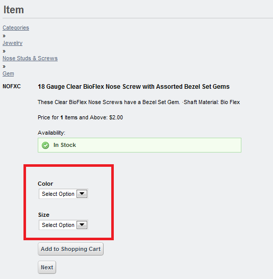 Figure 12.18: The additional fields you create for an item appear in the item
description form as menu options.